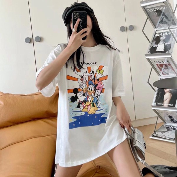 ggブランド服 新作Ｔシャツ半袖 女の子向け 流行 シックトップス 漫画 スタイル かわいい ディズニー家族 ロングtシャツ カジュアル 綿製 快適 涼しい 通気性 丸首 コットン レディース体型カバー安い