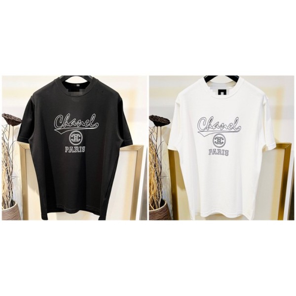 シャネル Tシャツ レディース Chanel 黒白tシャツ カジュアル 上着 トップス ハイブランド 半袖tシャツ プリント柄 ファッション ゆったり 綿100％ 柔らか 肌に優しい 四季男女兼用