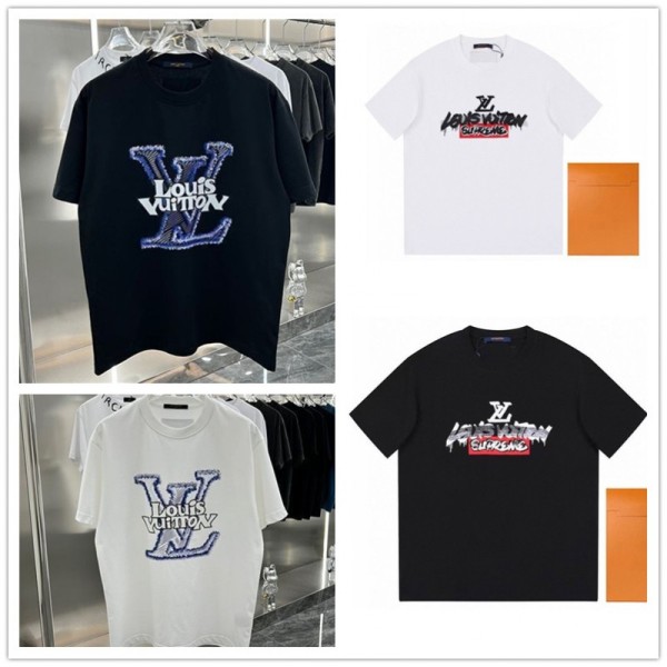 LV ルイヴィトン Tシャツ ブランド 黒白 丸首 おしゃれ モノグラム 夏 メンズ レディース コットン M~4XL